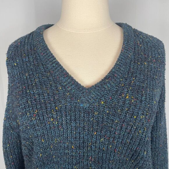 Vintage V Neck Sweater Size XL Blue Pullover Chunky Rib Knit Speckled 80s 90s - Picture 2 of 10